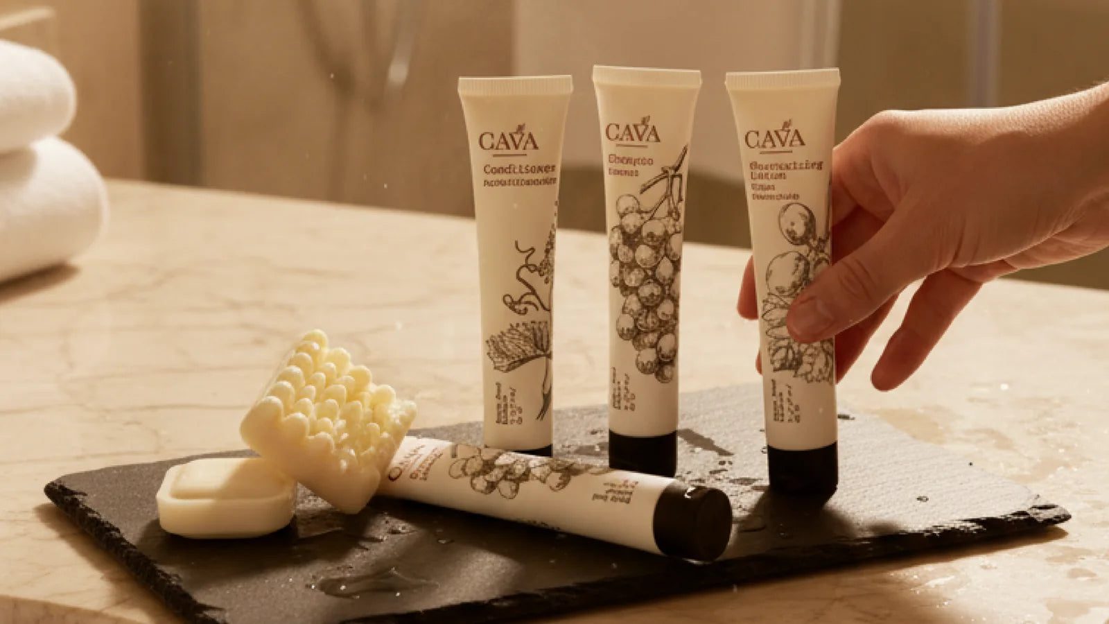 A guest reaching for Cava amenities beside a natural sponge